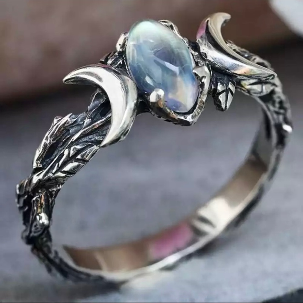 Silver Moonstone ring crescent moon Hecate Mother witch jewelry triple moon